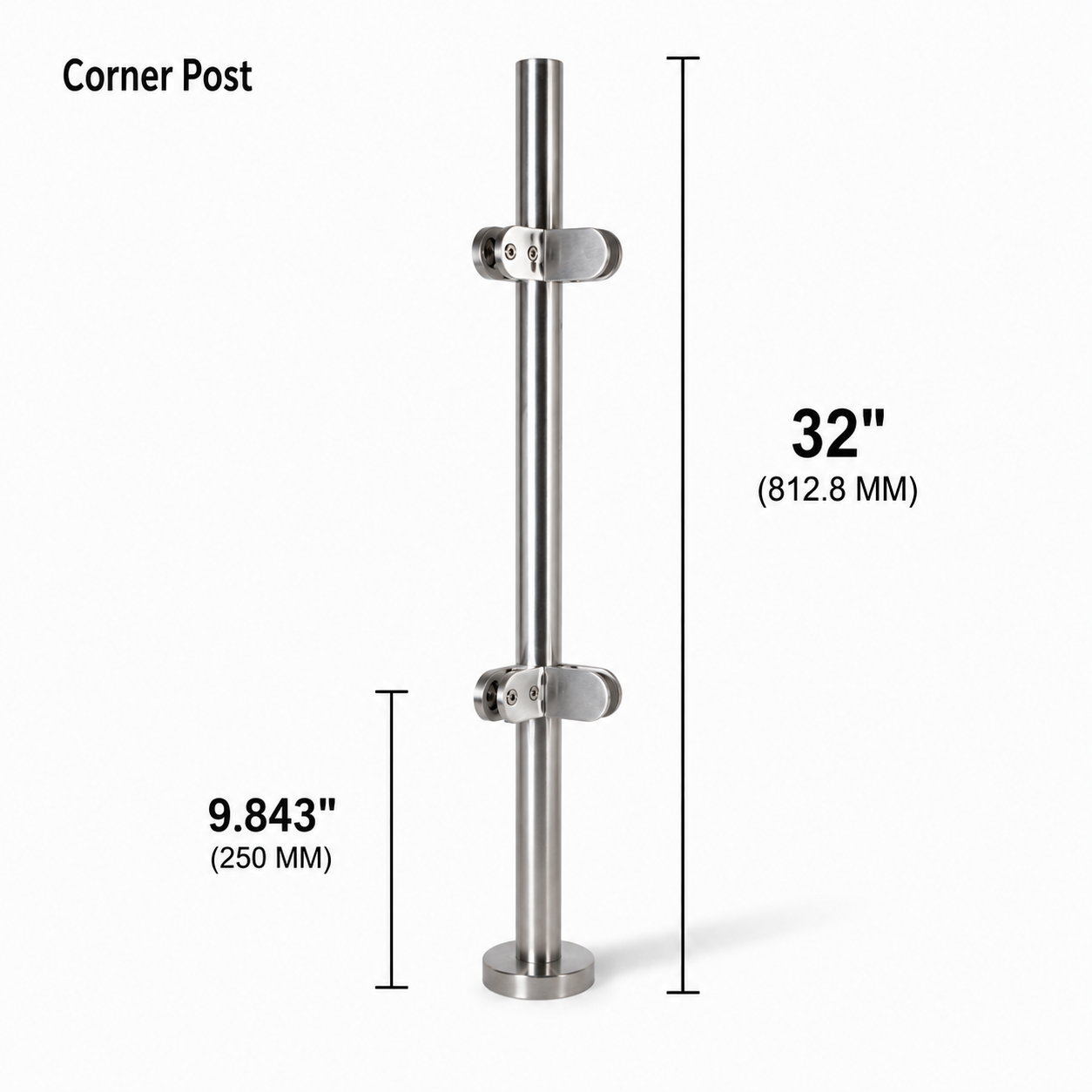 32" Round Corner Railing Post Kit - 42.4MM Ø 316SS