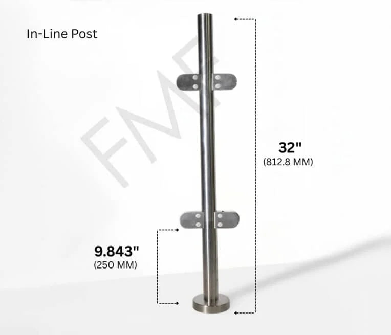 32" Round In-line Glass Railing Post