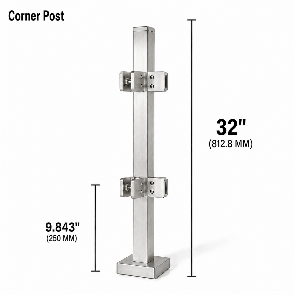 32" Square Corner Railing Post Kit - 40x40MM 316SS
