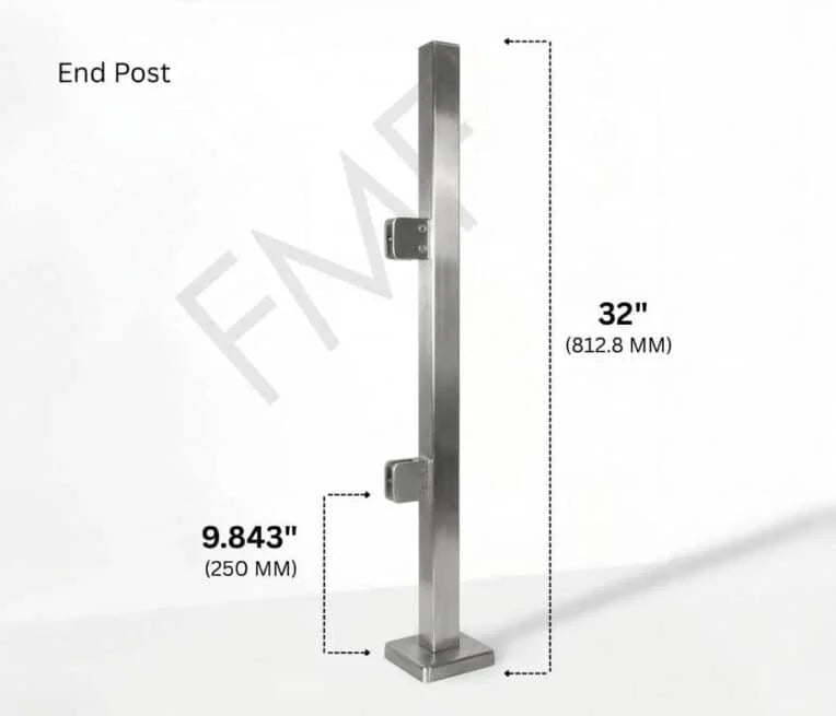 32" Square End Cap Glass Railing Post