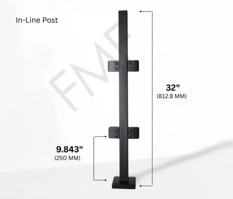 32" Square In-line Glass Railing Post