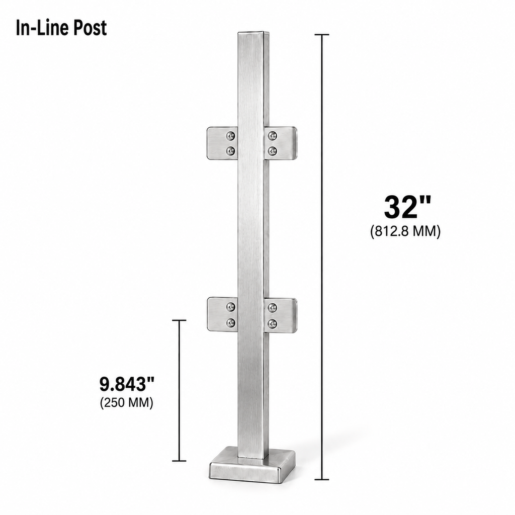 32" Square In-Line Railing Post Kit - 40x40MM 316SS