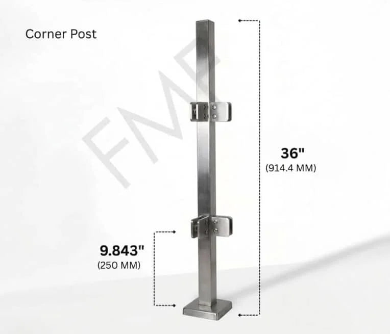 36" Square Corner Glass Railing Post