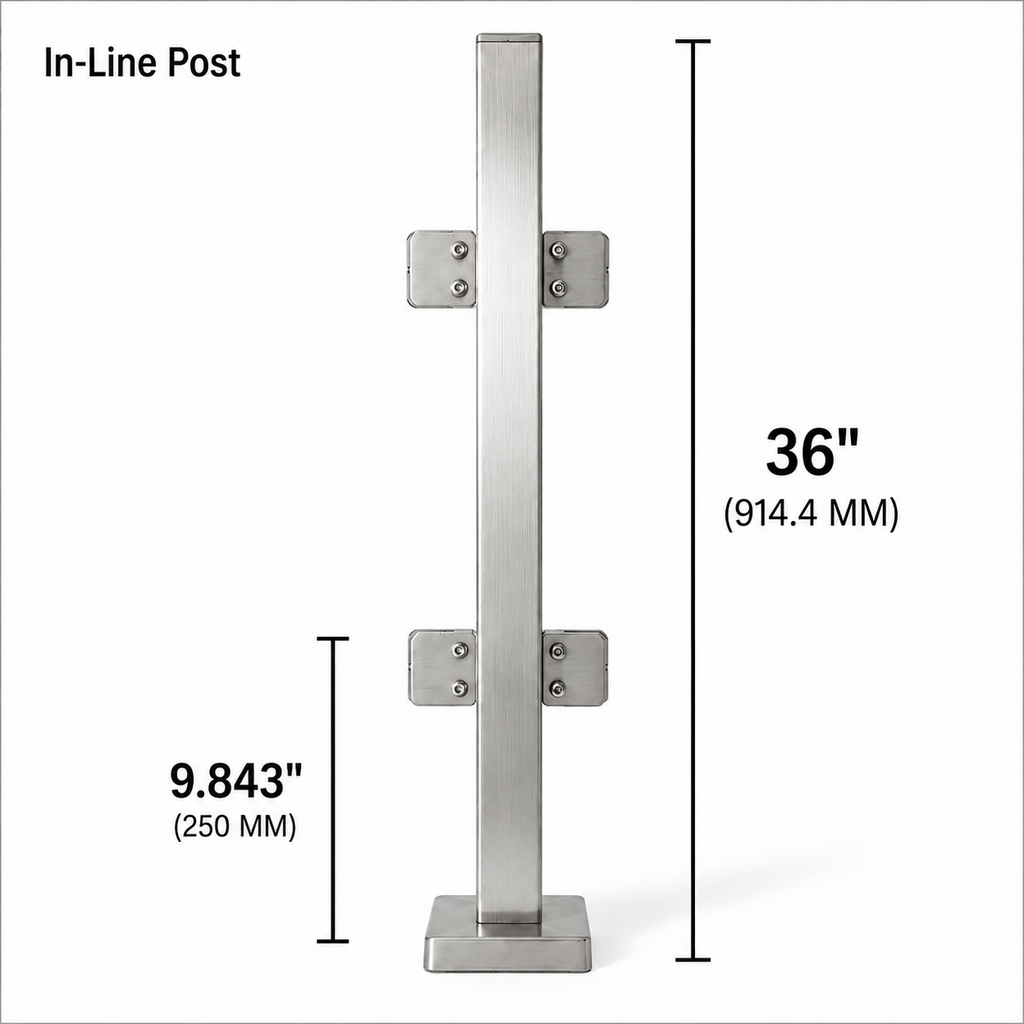 36" Square In-Line Railing Post Kit - 40x40MM 316SS