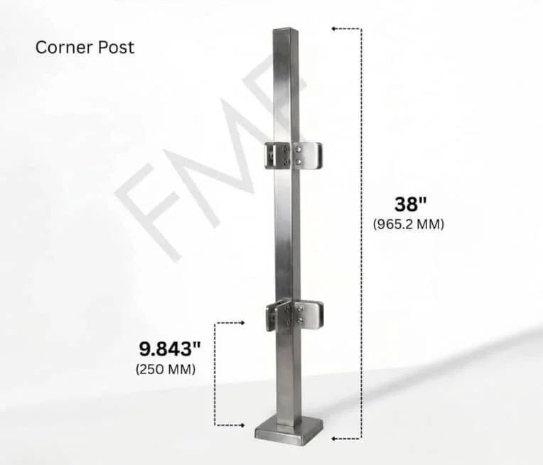 38" Square Corner Glass Railing Post