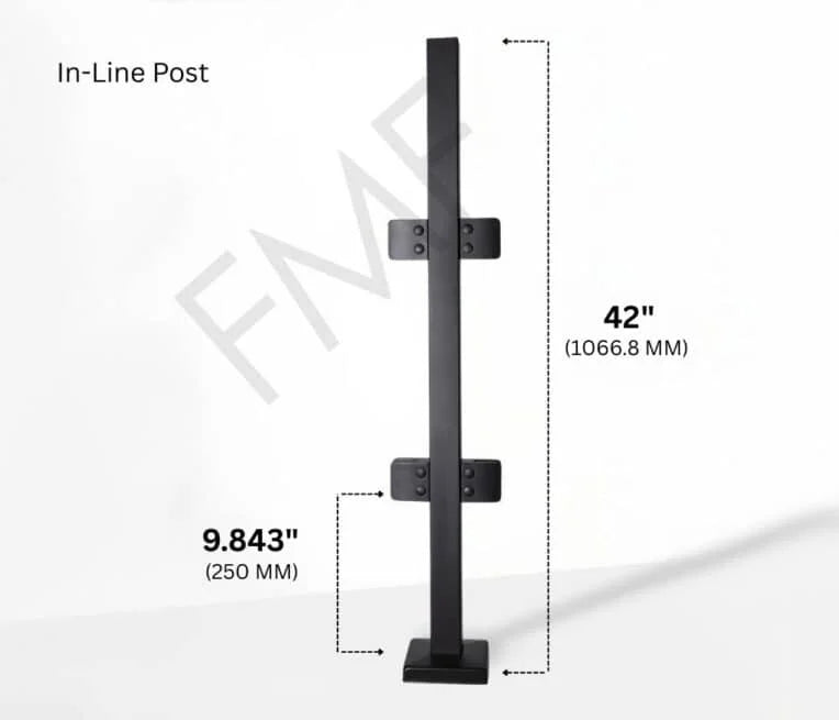 42" Square In-line Post 40x40MM 316 SS Includes 4 x Clamps