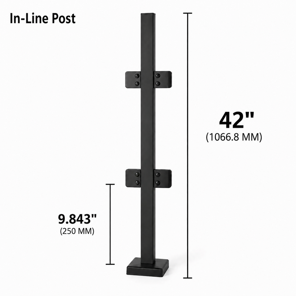 42" Square In-line Post 40x40MM 316 SS Includes 4 x Clamps