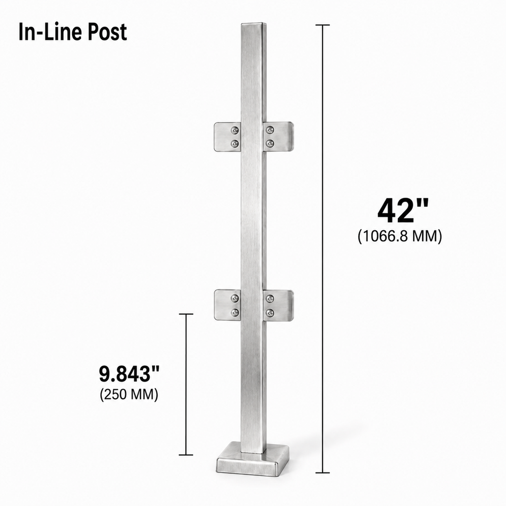 42" Square In-line Post 40x40MM 316 SS Includes 4 x Clamps