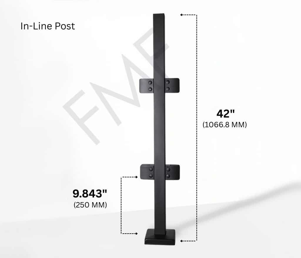 42" Square In-line Post 40x40MM 316 SS Includes 4 x Clamps
