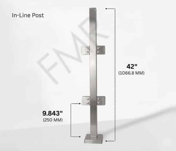 42" Square In-line Post 40x40MM 316 SS Includes 4 x Clamps - Brushed Stainless