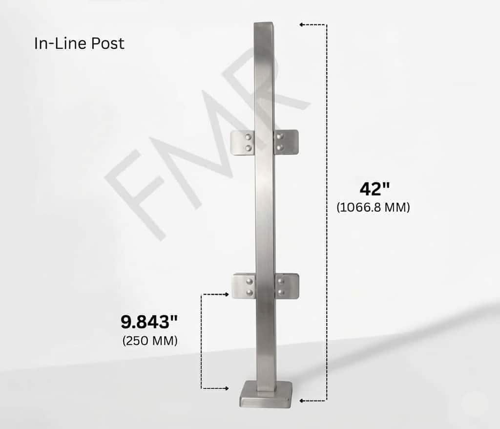 42" Square In-line Post 40x40MM 316 SS Includes 4 x Clamps