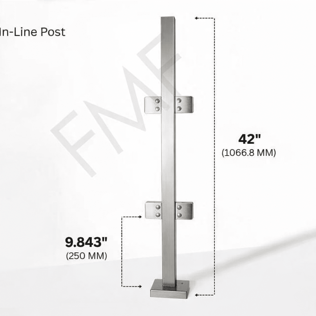 42" Square In-line Post 40x40MM 316 SS Includes 4 x Clamps