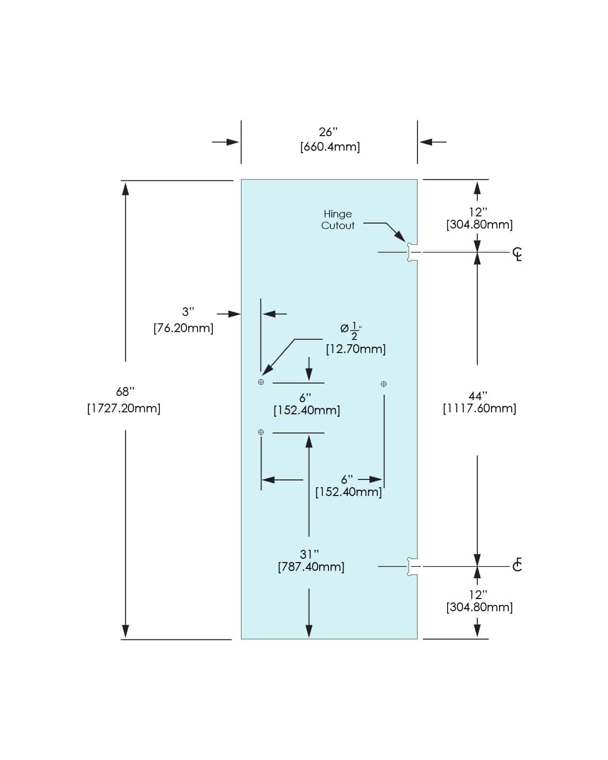 Shower Stock Door - 3 Holes - 26" Width (6" X 18") - 26X68