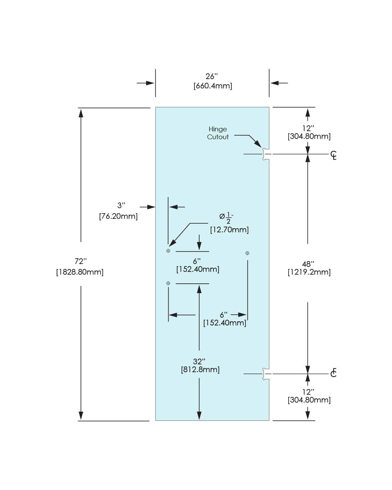Shower Stock Door - 3 Holes - 26" Width (6" X 18") - 26X72