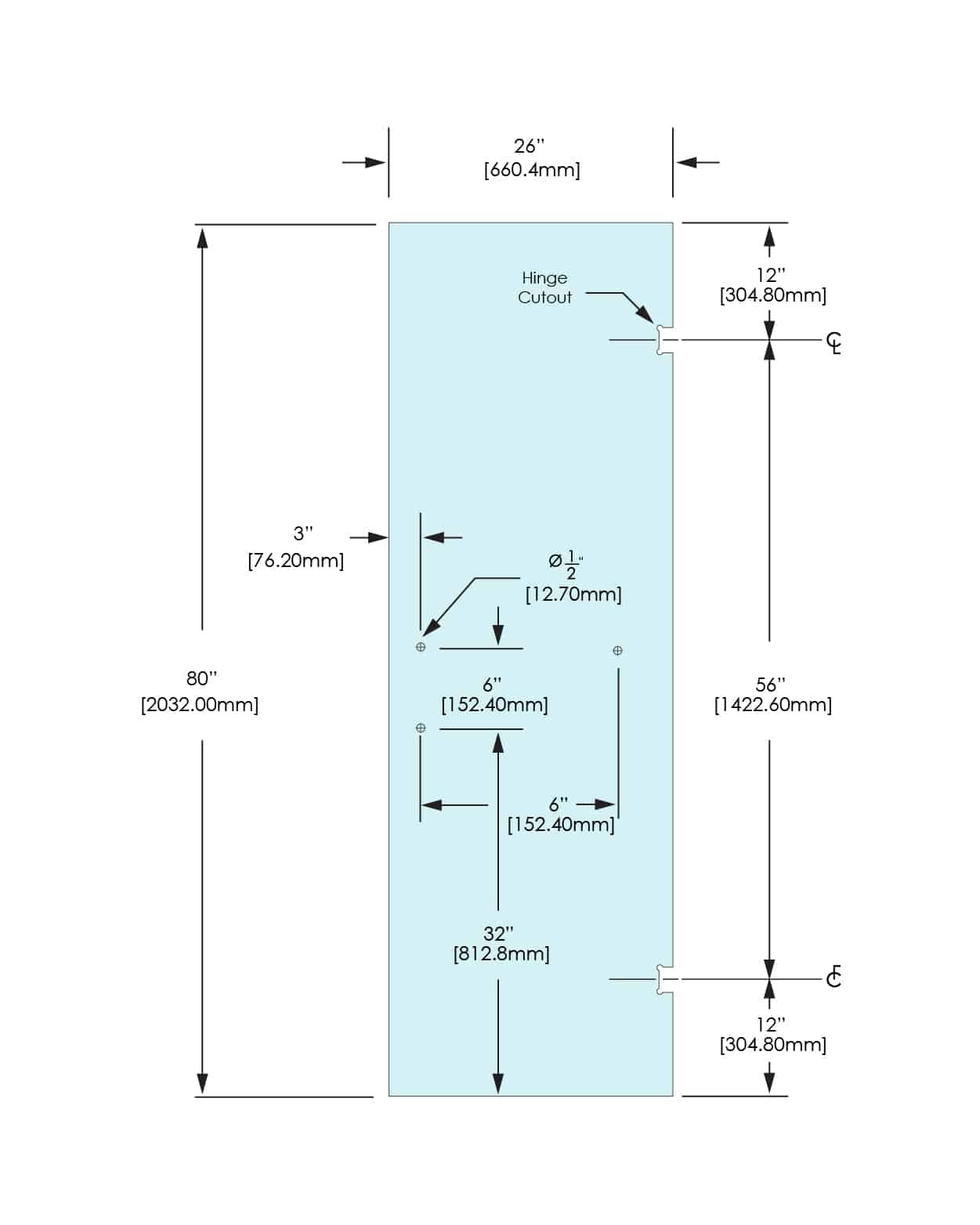 Shower Stock Door - 3 Holes - 26" Width (6" X 18") - 26X80