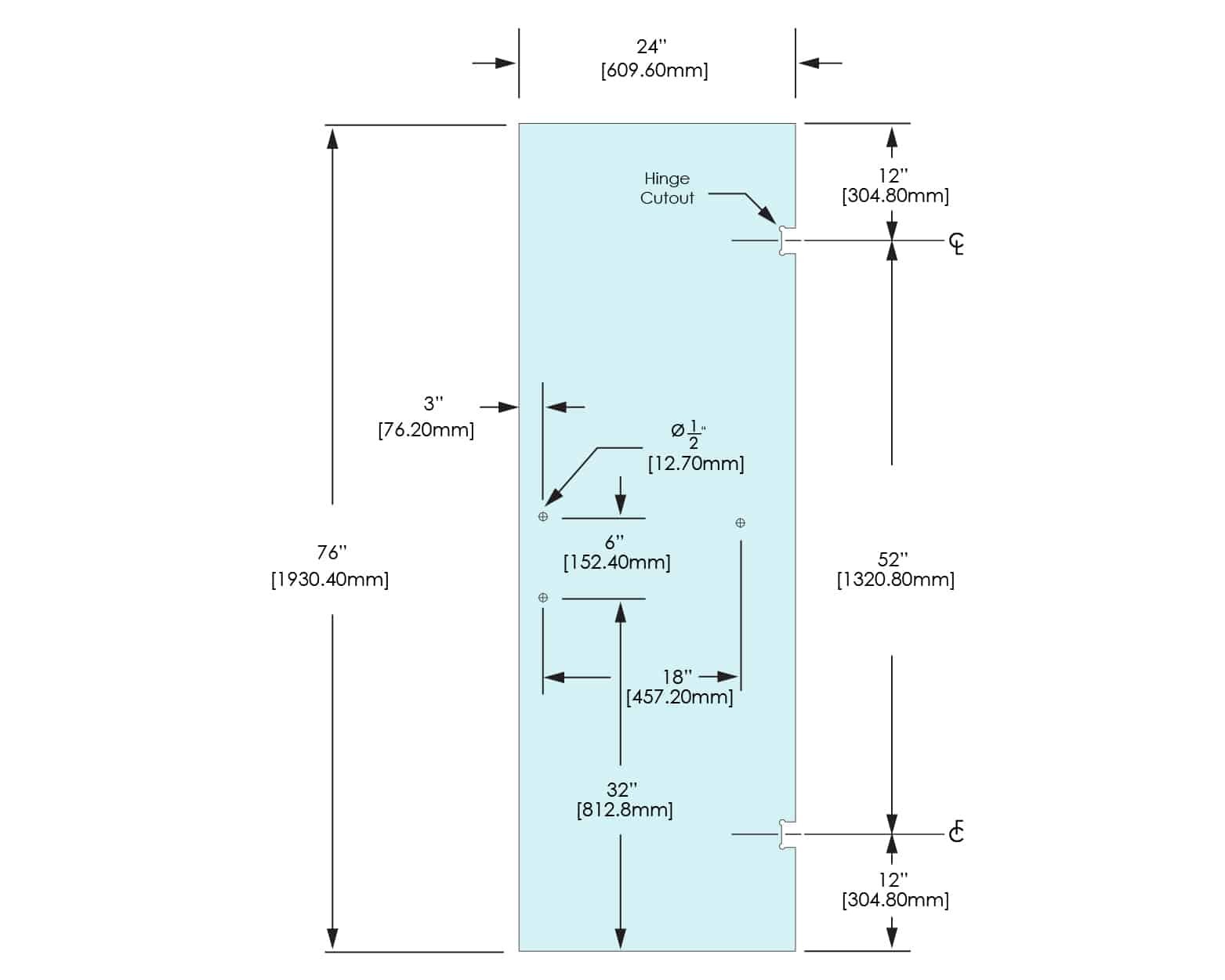 Shower Stock Door - 3 Holes - 24" Width (6" X 18") - 24X76