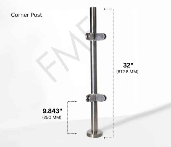 32" Round Corner Glass Railing Post - Brushed Stainless