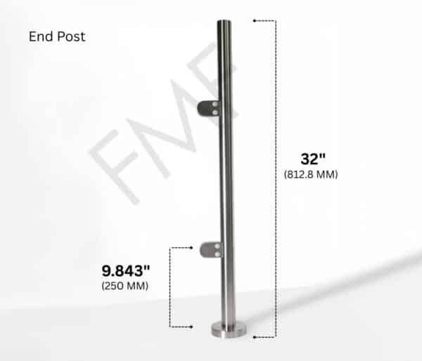 32" Round End Cap Glass Railing Post - Brushed Stainless