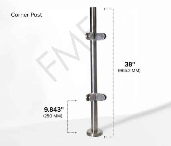 38" Round Corner Glass Railing Post - Brushed Stainless