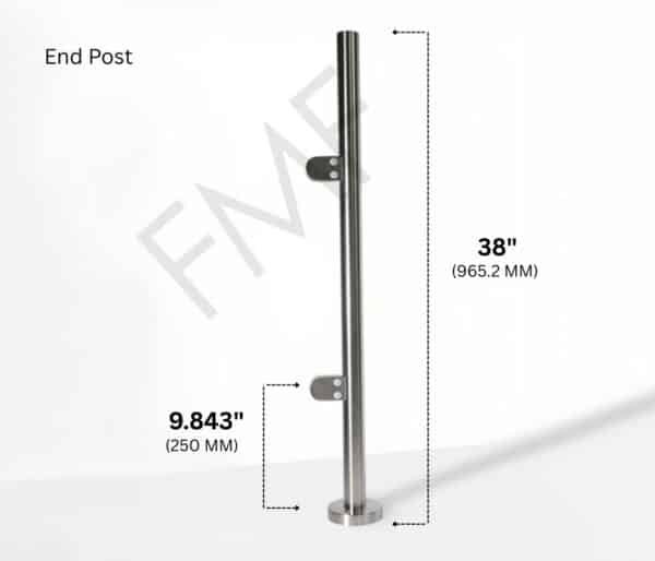 38" Round End Cap Glass Railing Post - Brushed Stainless