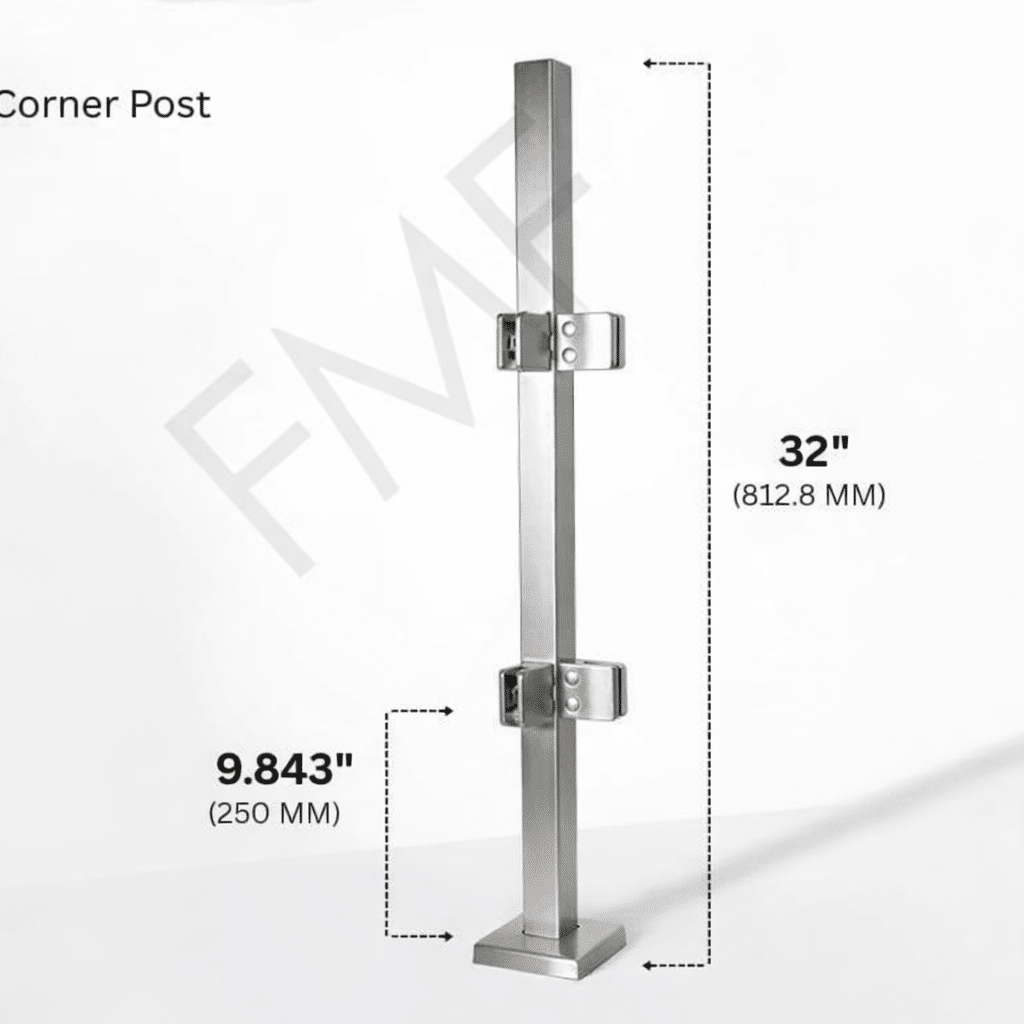 32" Square Corner Glass Railing Post