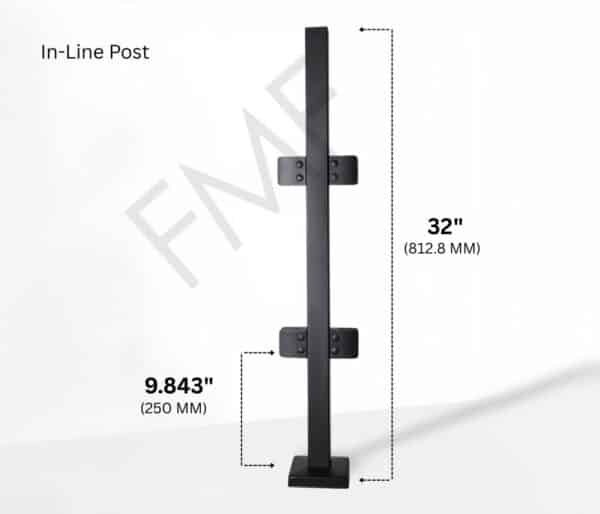 32" Square In-line Glass Railing Post - Matte Black