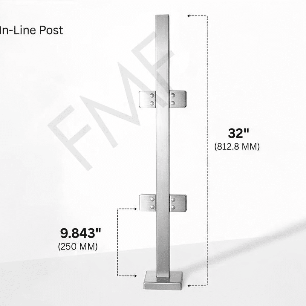 32" Square In-line Glass Railing Post - Brushed Stainless