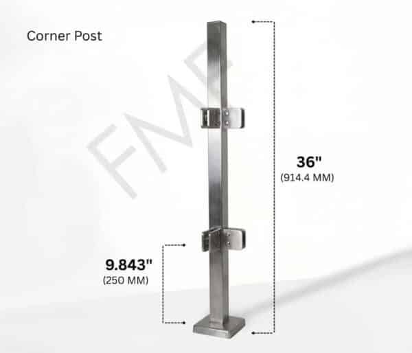 36" Square Corner Glass Railing Post - Brushed Stainless