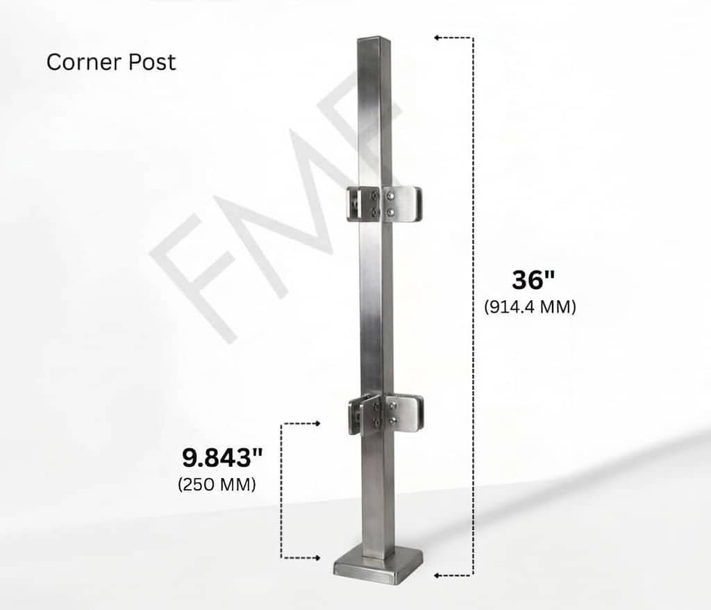 36" Square Corner Glass Railing Post