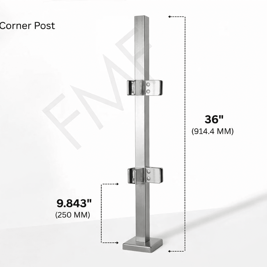 36" Square Corner Glass Railing Post