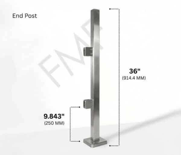 36" Square End Cap Glass Railing Post - Brushed Stainless