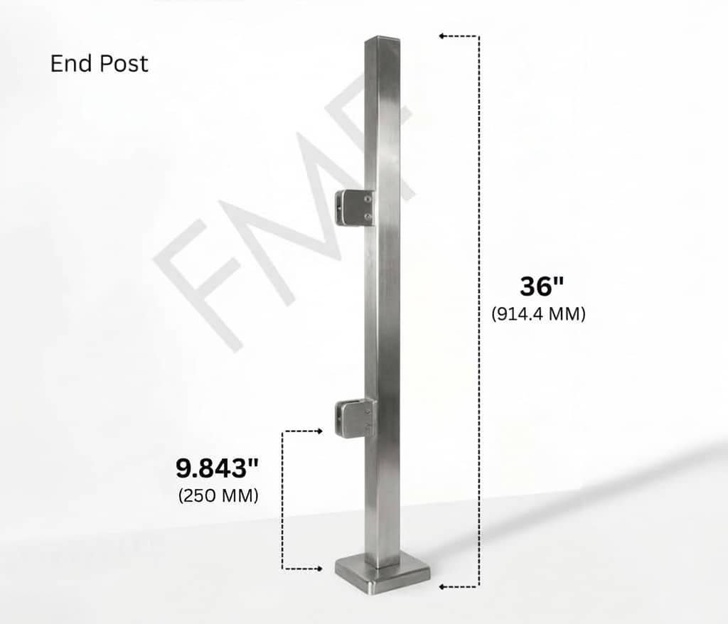 36" Square End Cap Glass Railing Post