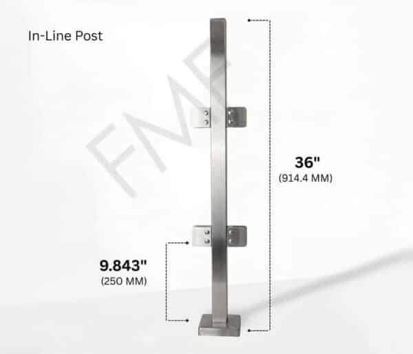 36″ Square In-line Railing Post - Brushed Stainless