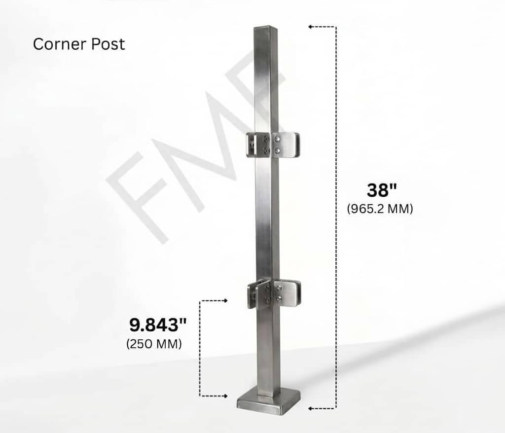 38" Square Corner Glass Railing Post