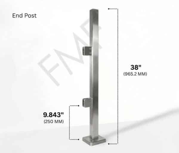 38" Square End Cap Glass Railing Post - Brushed Stainless