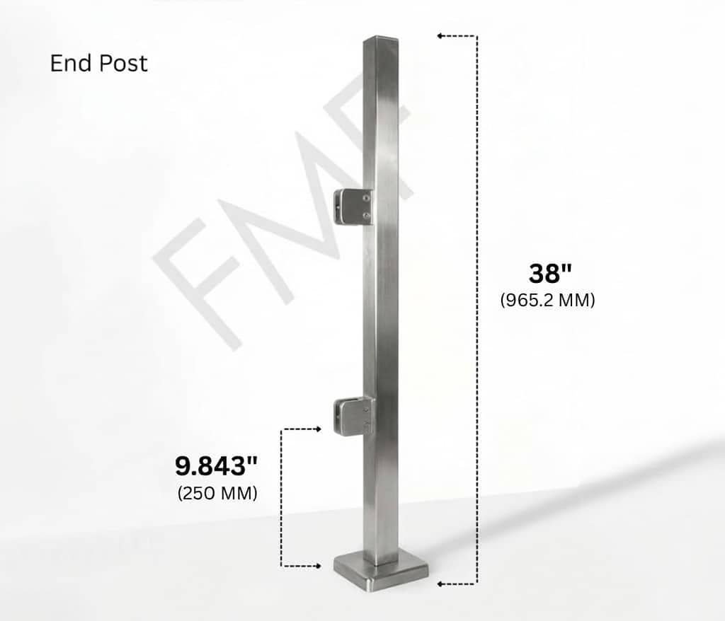 38" Square End Cap Glass Railing Post