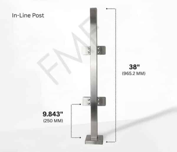 38″ Square In-line Railing Post - Brushed Stainless