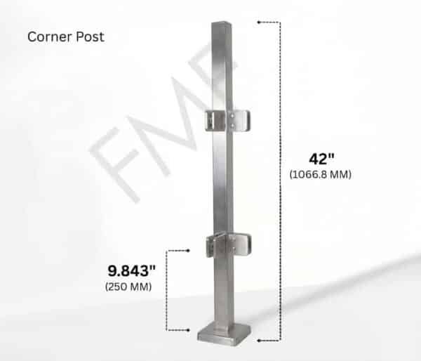 42″ Square Corner Railing Post - Brushed Stainless